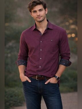 Bugatchi Men's Long-Sleeve Button-Up Shirt in Burgundy